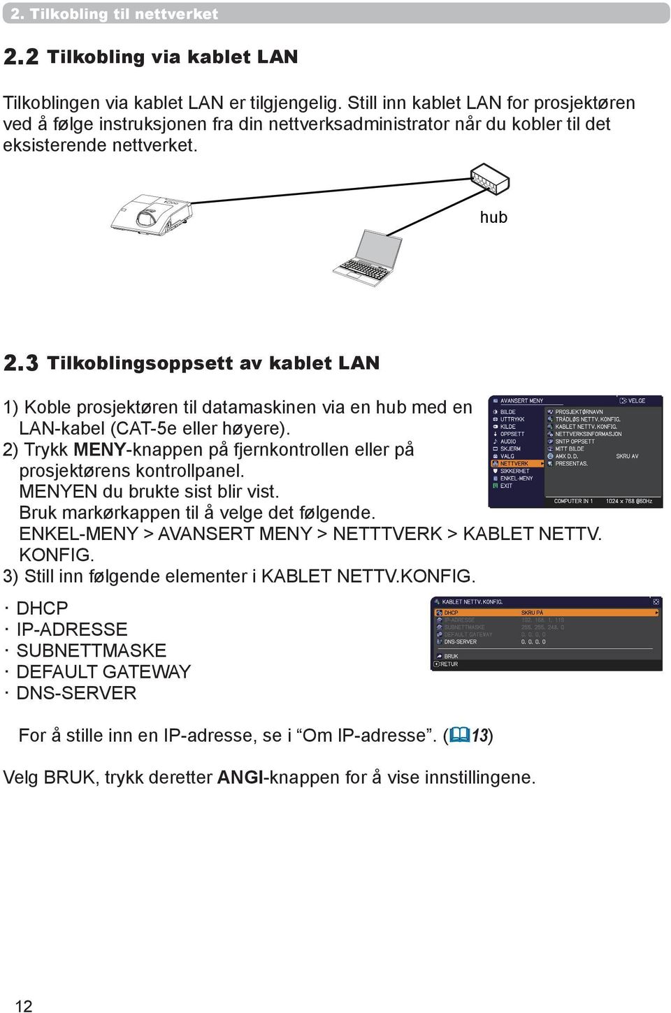 3 Tilkoblingsoppsett av kablet LAN 1) Koble prosjektøren til datamaskinen via en hub med en LAN-kabel (CAT-5e eller høyere).