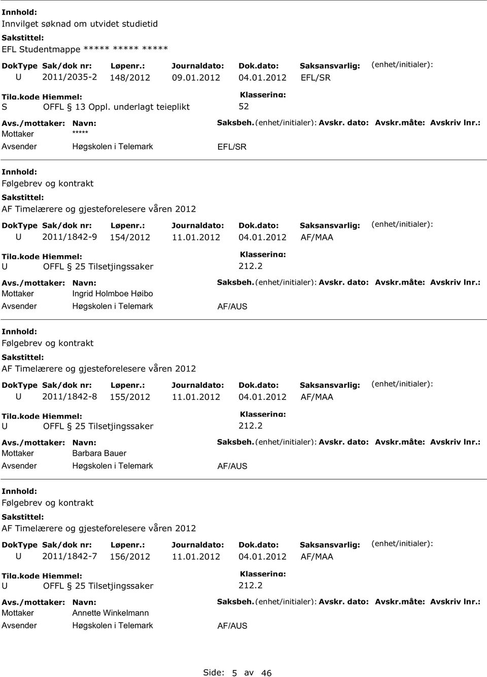 2 Mottaker ngrid Holmboe Høibo AF/A Følgebrev og kontrakt AF Timelærere og gjesteforelesere våren 2012 2011/1842-8 155/2012 04.01.2012 AF/MAA 212.