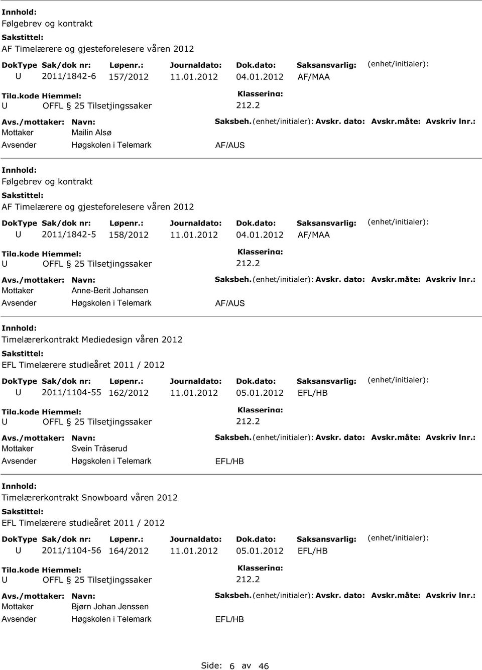 2 Mottaker Anne-Berit Johansen AF/A Timelærerkontrakt Mediedesign våren 2012 EFL Timelærere studieåret 2011 / 2012 2011/1104-55 162/2012 05.01.2012 EFL/HB 212.