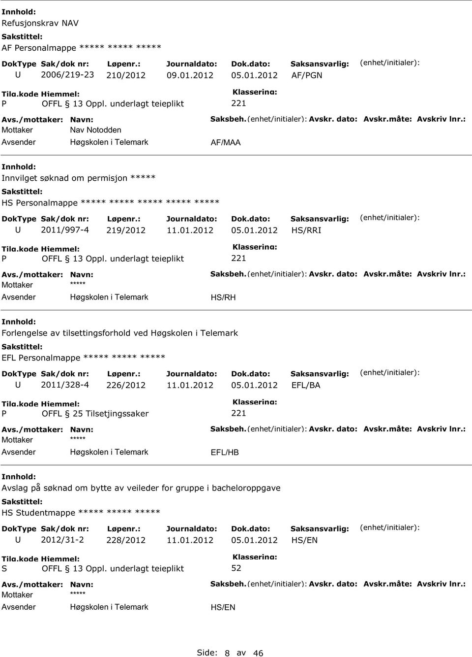 2012 AF/PGN P 221 Mottaker Nav Notodden AF/MAA nnvilget søknad om permisjon H Personalmappe 2011/997-4 219/2012 2012 H/RR P