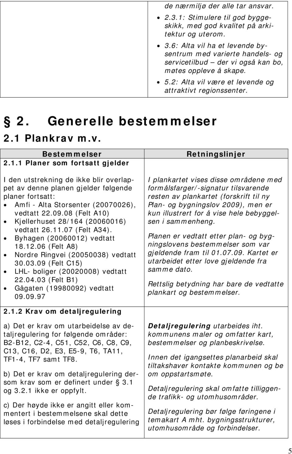 Generelle bestemmelser 2.1 Plankrav m.v. 2.1.1 Planer som fortsatt gjelder I den utstrekning de ikke blir overlappet av denne planen gjelder følgende planer fortsatt: Amfi - Alta Storsenter (20070026), vedtatt 22.