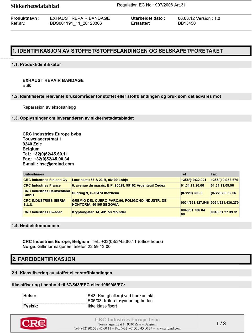 Opplysninger om leverandøren av sikkerhetsdatabladet Touwslagerstraat 1 9240 Zele Belgium Tel.: +32(0)52/45.60.11 Fax.: +32(0)52/45.00.34 E-mail : hse@crcind.