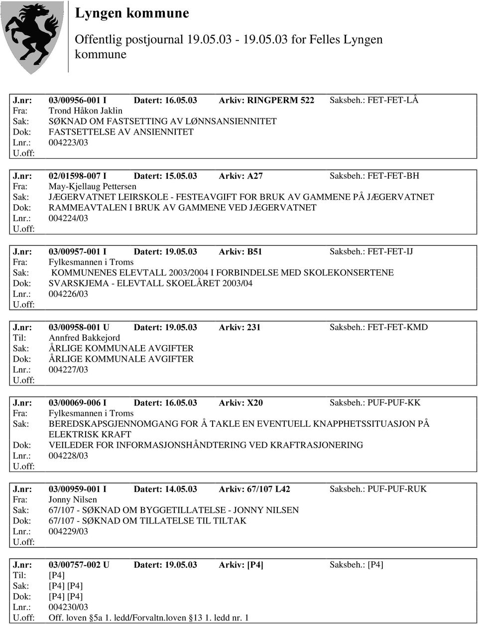 : 004224/03 -QU, 'DWHUW $UNLY% Saksbeh.: FET-FET-IJ Fra: Fylkesmannen i Troms Sak: KOMMUNENES ELEVTALL 2003/2004 I FORBINDELSE MED SKOLEKONSERTENE Dok: SVARSKJEMA - ELEVTALL SKOELÅRET 2003/04 Lnr.