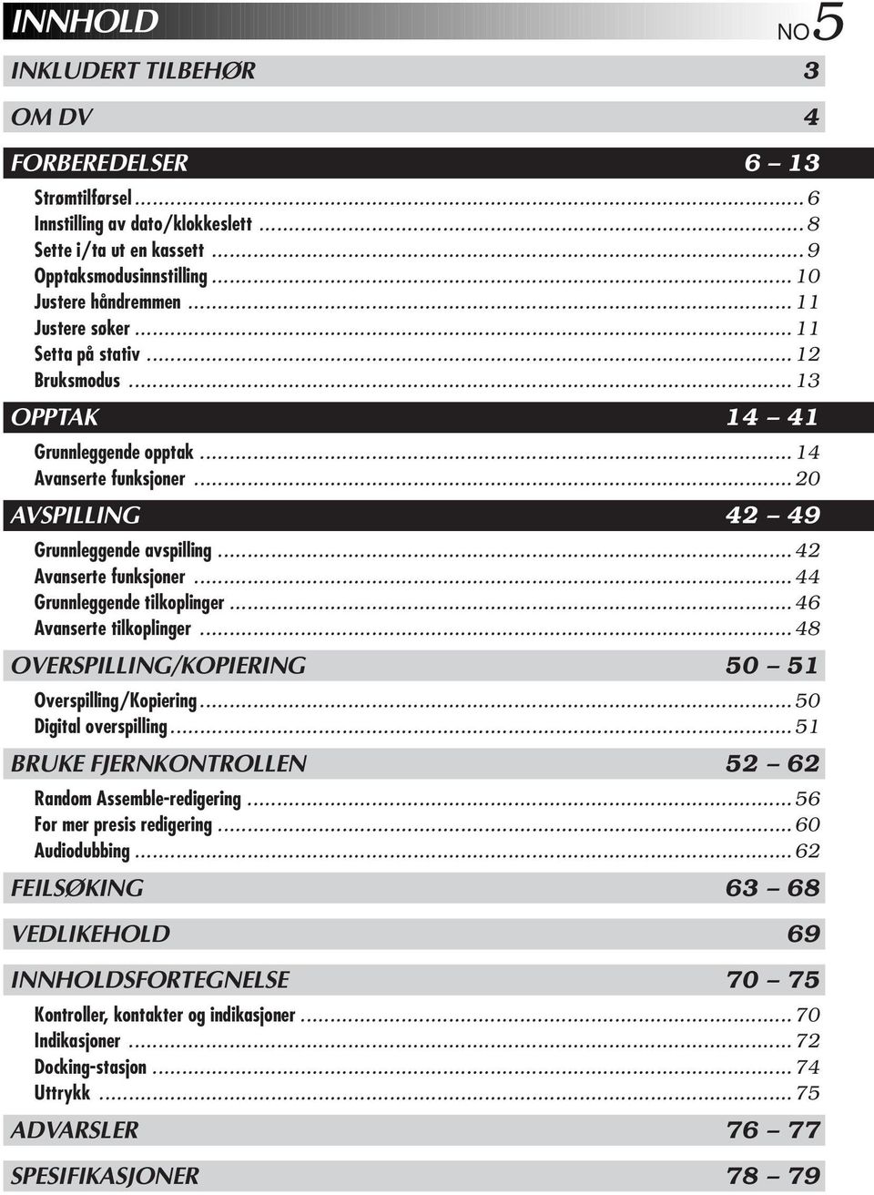 .. 46 Avanserte tilkoplinger... 48 OVERSPILLING/KOPIERING 50 5 Overspilling/Kopiering... 50 Digital overspilling... 5 BRUKE FJERNKONTROLLEN 5 6 Random Assemble-redigering...56 For mer presis redigering.