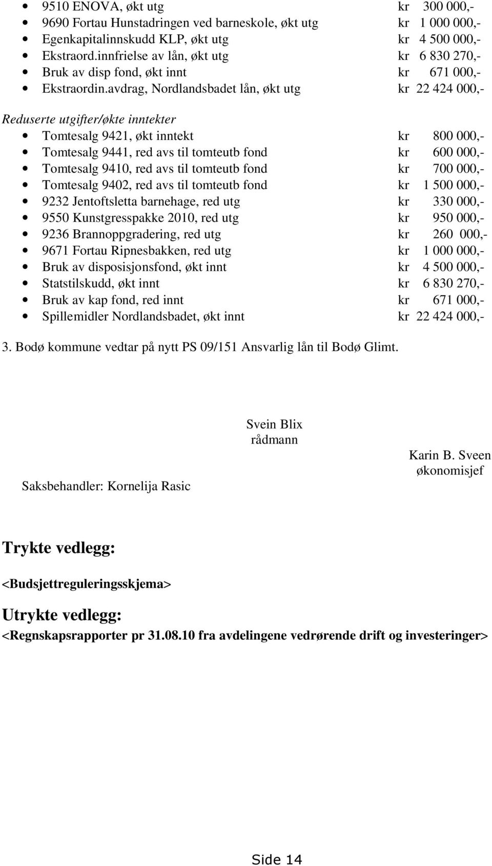 avdrag, Nordlandsbadet lån, økt utg kr 22 424 000,- Reduserte utgifter/økte inntekter Tomtesalg 9421, økt inntekt kr 800 000,- Tomtesalg 9441, red avs til tomteutb fond kr 600 000,- Tomtesalg 9410,