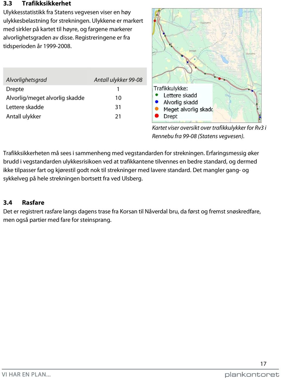 Alvorlighetsgrad Antall ulykker 99-08 Drepte 1 Alvorlig/meget alvorlig skadde 10 Lettere skadde 31 Antall ulykker 21 Kartet viser oversikt over trafikkulykker for Rv3 i Rennebu fra 99-08 (Statens