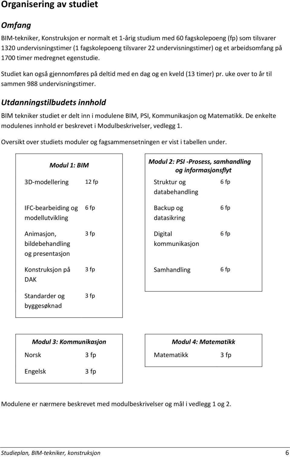 uke over to år til sammen 988 undervisningstimer. Utdanningstilbudets innhold BIM tekniker studiet er delt inn i modulene BIM, PSI, Kommunikasjon og Matematikk.