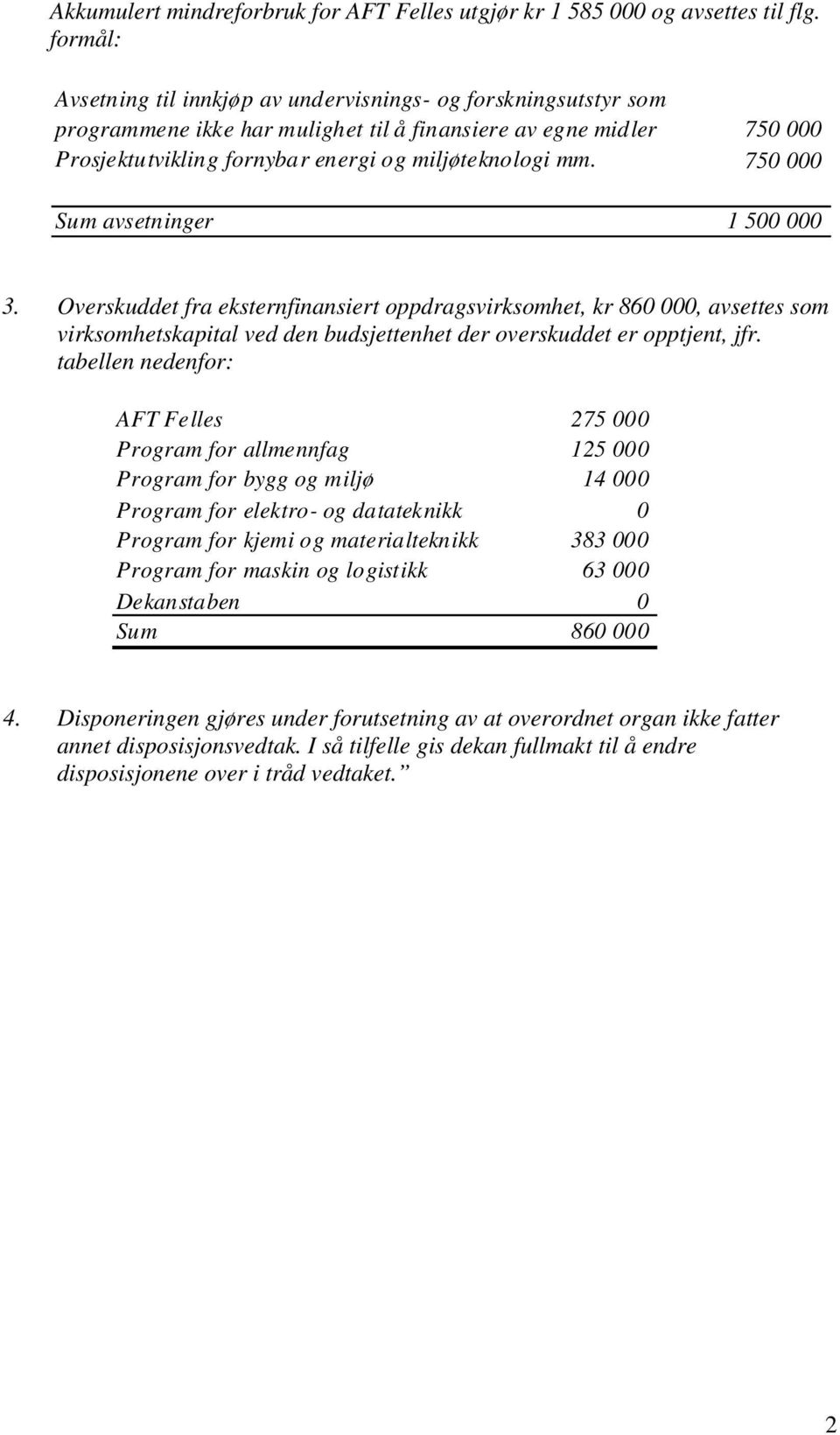 750 000 Sum avsetninger 1 500 000 3. Overskuddet fra eksternfinansiert oppdragsvirksomhet, kr 860 000, avsettes som virksomhetskapital ved den budsjettenhet der overskuddet er opptjent, jfr.