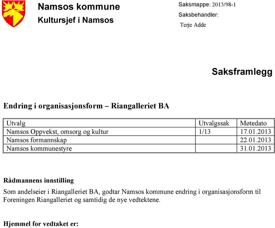 2013 Namsos formannskap 22.01.2013 Namsos kommunestyre 31.01.2013 Rådmannens innstilling Som andelseier i