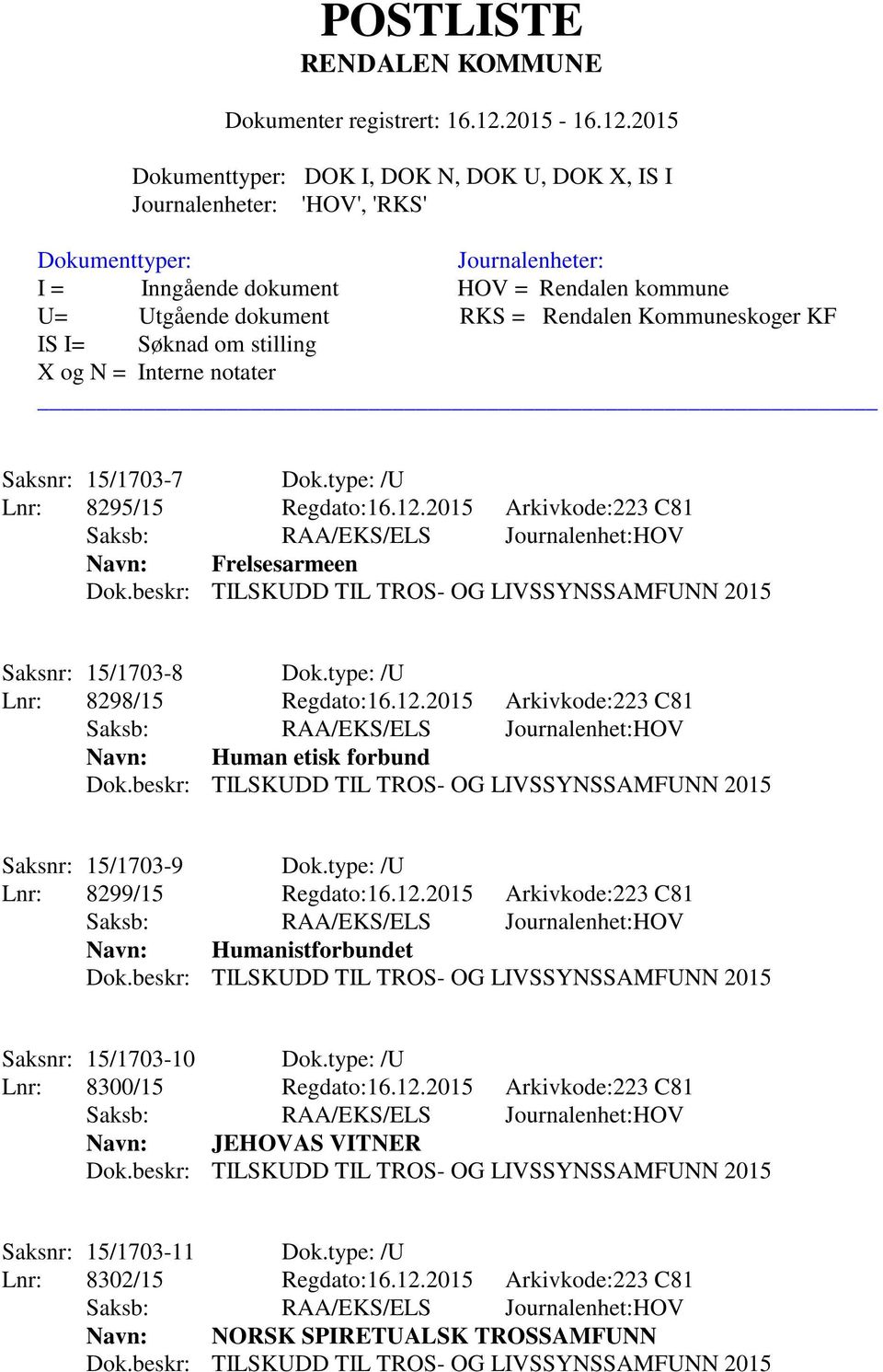 type: /U Lnr: 8299/15 Regdato:16.12.2015 Arkivkode:223 C81 Navn: Humanistforbundet Saksnr: 15/1703-10 Dok.