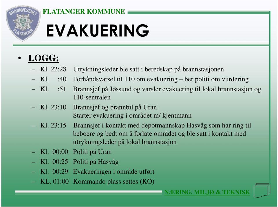 Starter evakuering i området m/ kjentmann Kl.