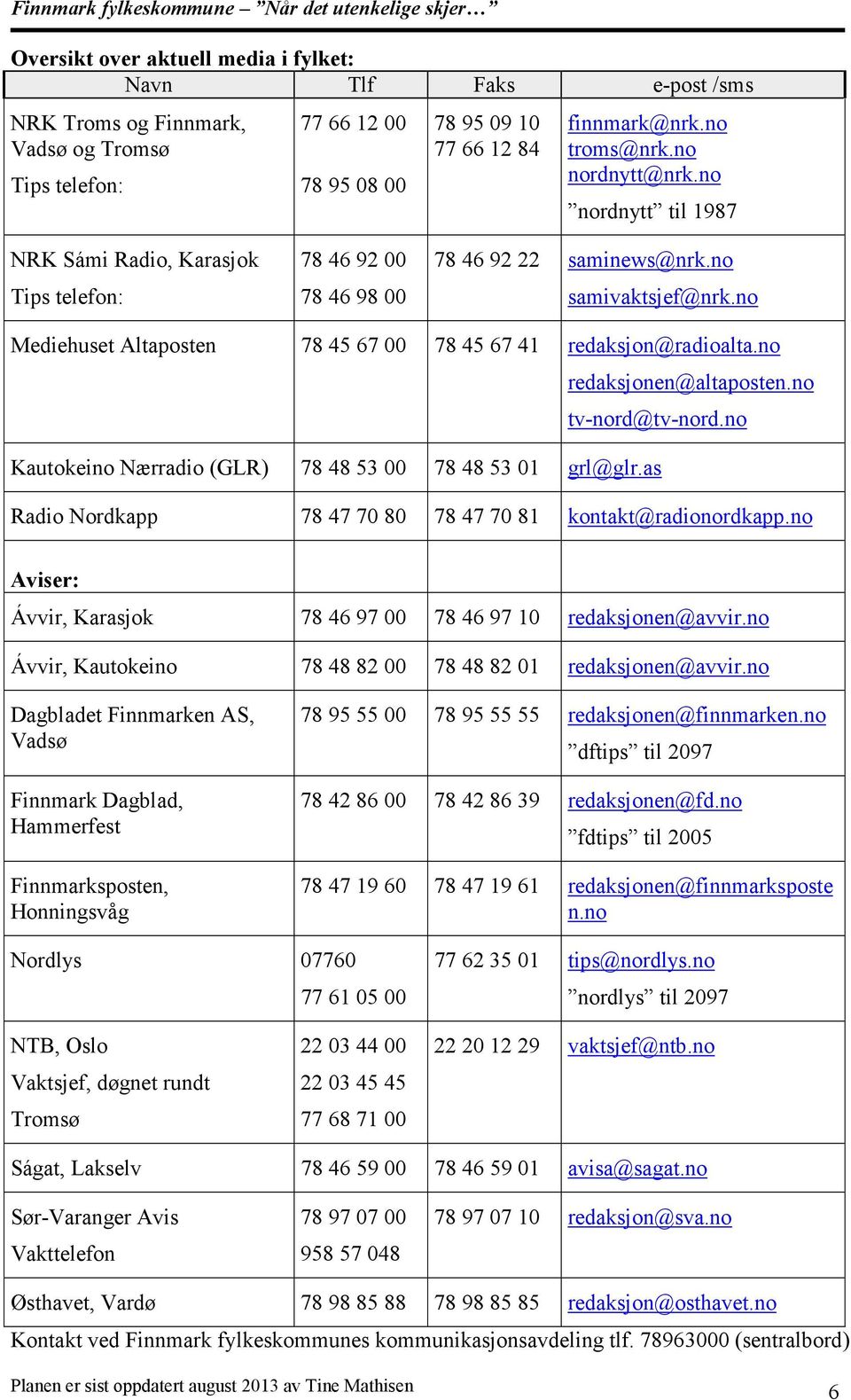 no Mediehuset Altaposten 78 45 67 00 78 45 67 41 redaksjon@radioalta.no redaksjonen@altaposten.no tv-nord@tv-nord.no Kautokeino Nærradio (GLR) 78 48 53 00 78 48 53 01 grl@glr.