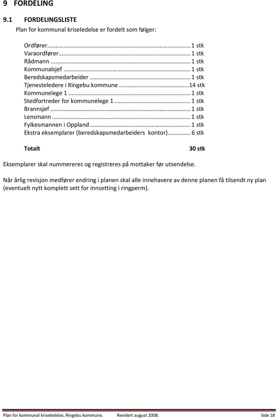 .. 1 stk Ekstra eksemplarer (beredskapsmedarbeiders kontor)... 6 stk Totalt 30 stk Eksemplarer skal nummereres og registreres på mottaker før utsendelse.