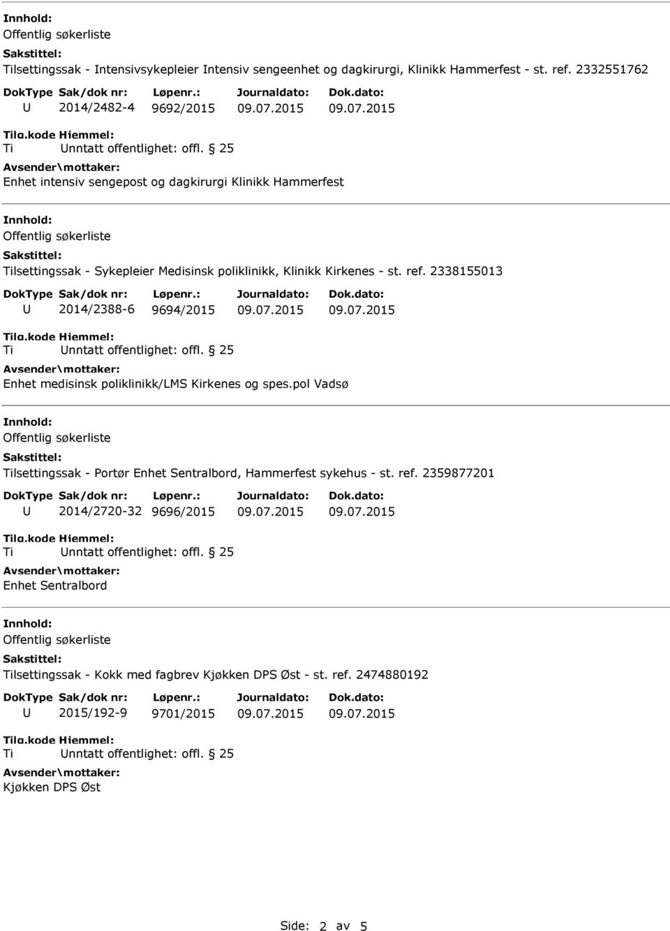 2338155013 2014/2388-6 9694/2015 nntatt offentlighet: offl. 25 Enhet medisinsk poliklinikk/lms Kirkenes og spes.