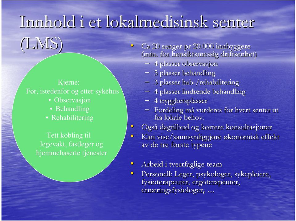 for hensiktsmessig driftsenhet) 4 plasser observasjon 5 plasser behandling 3 plasser hab-/rehabilitering 4 plasser lindrende behandling 4 trygghetsplasser Fordeling måm