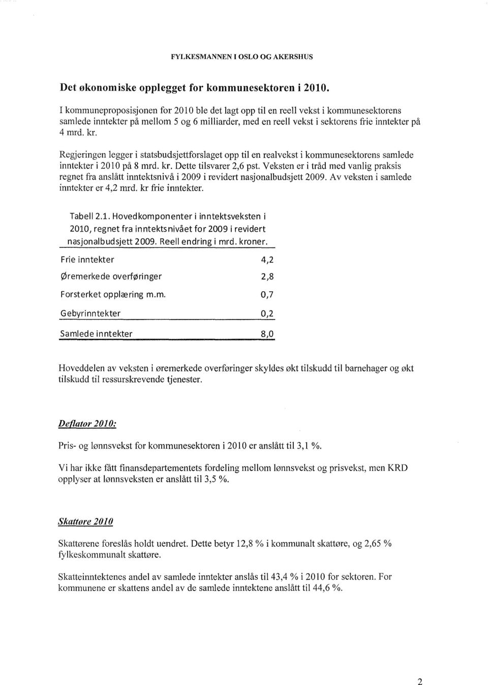 Regjeringen legger i statsbudsjettforslaget opp til en realvekst i kommunesektorens samlede innteltter i 2010 på 8 mrd. kr. Dette tilsvarer 2,6 pst.