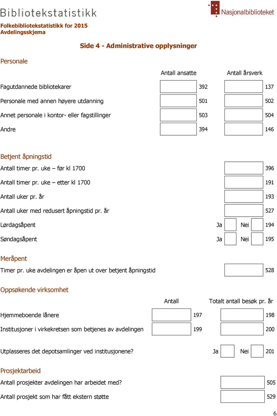 år 527 Lørdagsåpent Ja Nei 194 Søndagsåpent Ja Nei 195 Meråpent Timer pr. uke avdelingen er åpen ut over betjent åpningstid 528 Oppsøkende virksomhet Antall Totalt antall besøk pr.