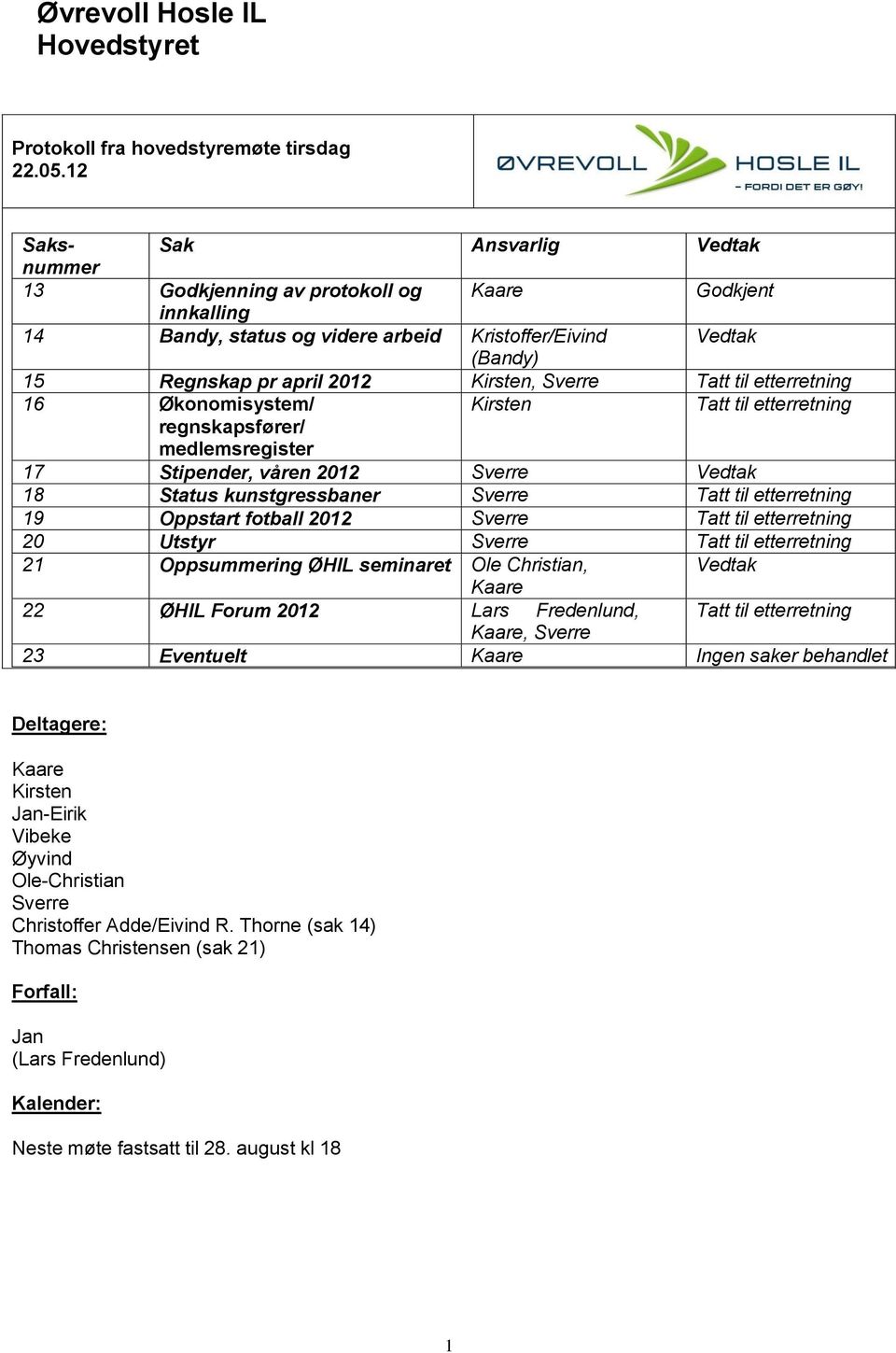 Sverre Tatt til etterretning 16 Økonomisystem/ Kirsten Tatt til etterretning regnskapsfører/ medlemsregister 17 Stipender, våren 2012 Sverre Vedtak 18 Status kunstgressbaner Sverre Tatt til