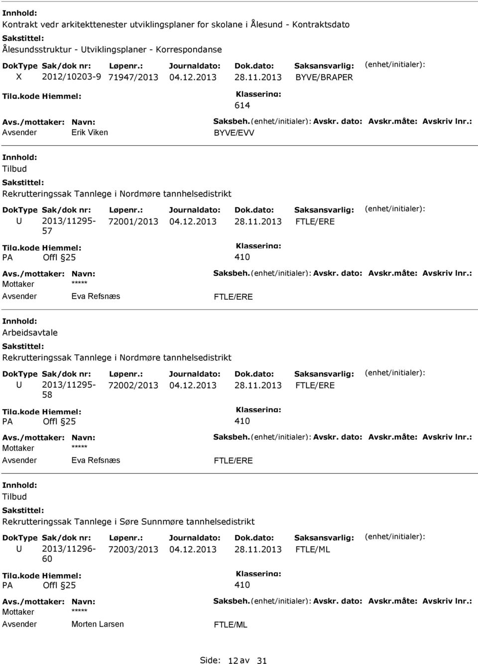 FTLE/ERE Eva Refsnæs FTLE/ERE Arbeidsavtale Rekrutteringssak Tannlege i Nordmøre tannhelsedistrikt 2013/11295-58 72002/2013 FTLE/ERE Eva