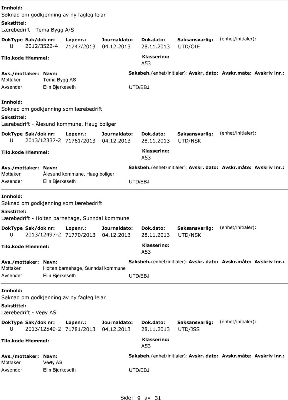 TD/EBJ Søknad om godkjenning som lærebedrift Lærebedrift - Holten barnehage, Sunndal kommune 2013/12497-2 71770/2013 TD/NSK A53 Mottaker Holten barnehage, Sunndal