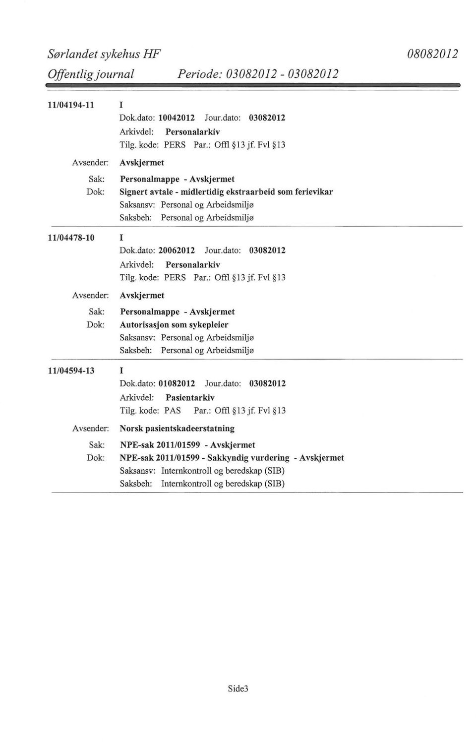 : Offl l3jf.fvl 13 Personalmappe - Autorisasjon som sykepleier 11/04594-13 I Dok.dato: 01082012 Jour.dato: 03082012 Tilg. kode: PAS Par.: Offl 13 jf.