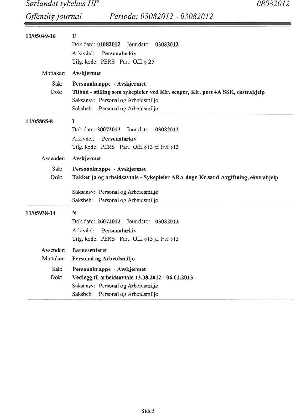 dato: 30072012 Jour.dato: 03082012 Personalmappe - Takker ja og arbeidsavtale- Sykepleier ARA døgn Kr.