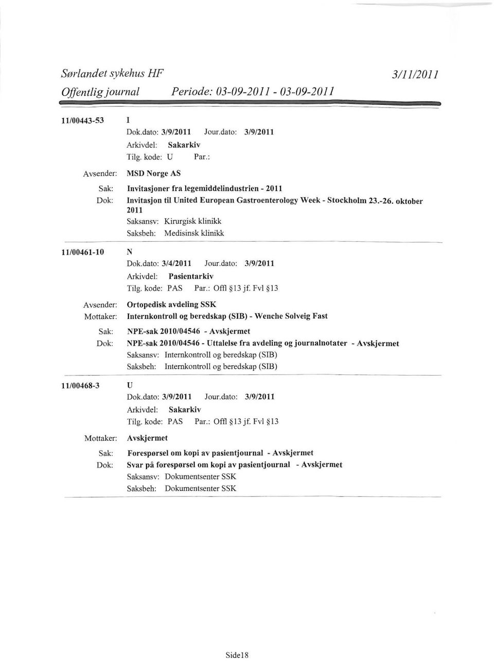 fvl l3 Ortopedisk avdeling SSK Internkontroll og beredskap (SIB)- Wenche Solveig Fast NPE-sak 2010/04546 - NPE-sak 2010/04546- Uttalelse fra avdeling og journalnotater - Saksansv: Internkontroll og