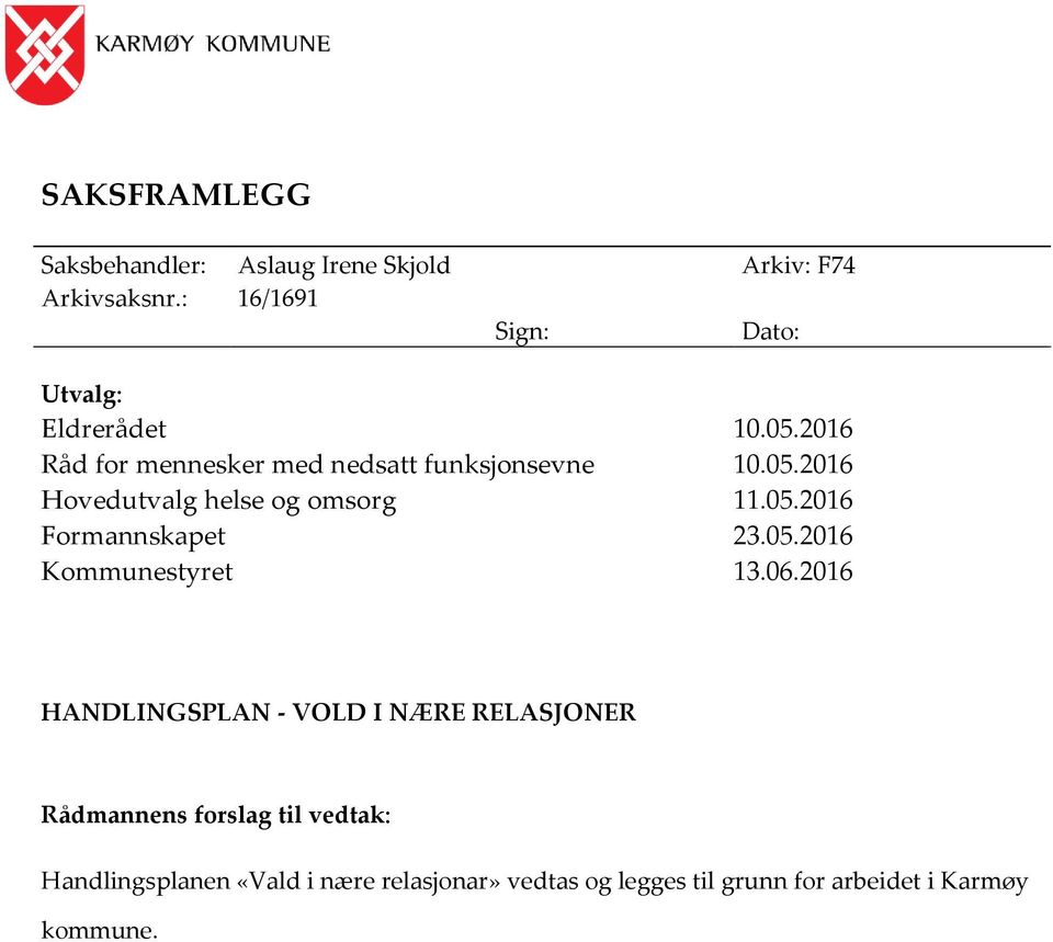 05.2016 Formannskapet 23.05.2016 Kommunestyret 13.06.