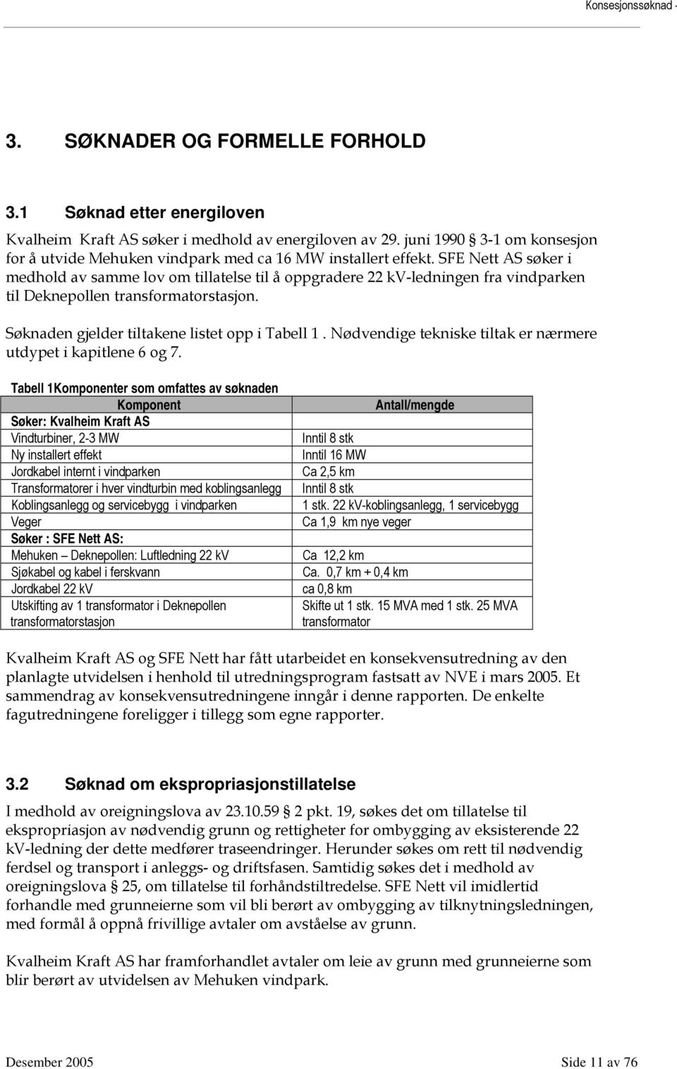 SFE Nett AS søker i medhold av samme lov om tillatelse til å oppgradere 22 kv-ledningen fra vindparken til Deknepollen transformatorstasjon. Søknaden gjelder tiltakene listet opp i Tabell 1.