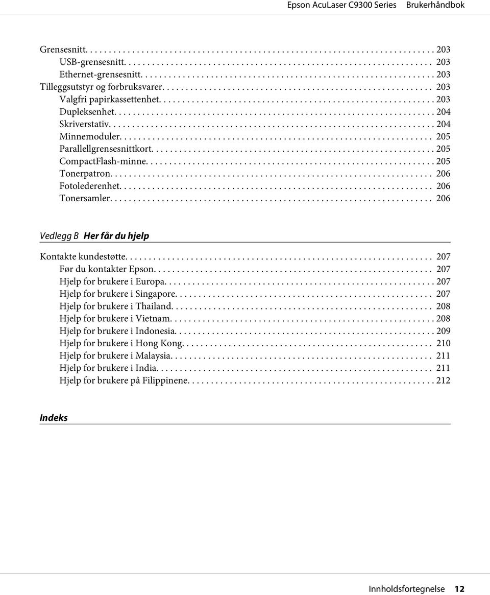 .. 207 Før du kontakter Epson... 207 Hjelp for brukere i Europa... 207 Hjelp for brukere i Singapore... 207 Hjelp for brukere i Thailand... 208 Hjelp for brukere i Vietnam.