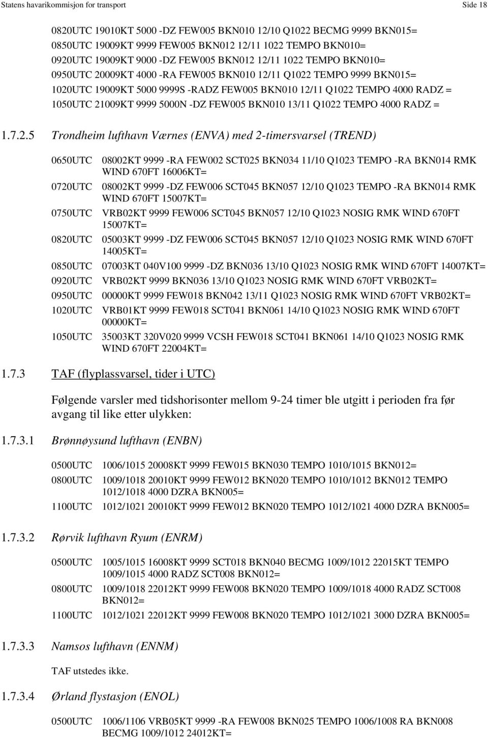 21009KT 9999 5000N -DZ FEW005 BKN010 13/11 Q1022 TEMPO 4000 RADZ = 1.7.2.5 Trondheim lufthavn Værnes (ENVA) med 2-timersvarsel (TREND) 0650UTC 08002KT 9999 -RA FEW002 SCT025 BKN034 11/10 Q1023 TEMPO