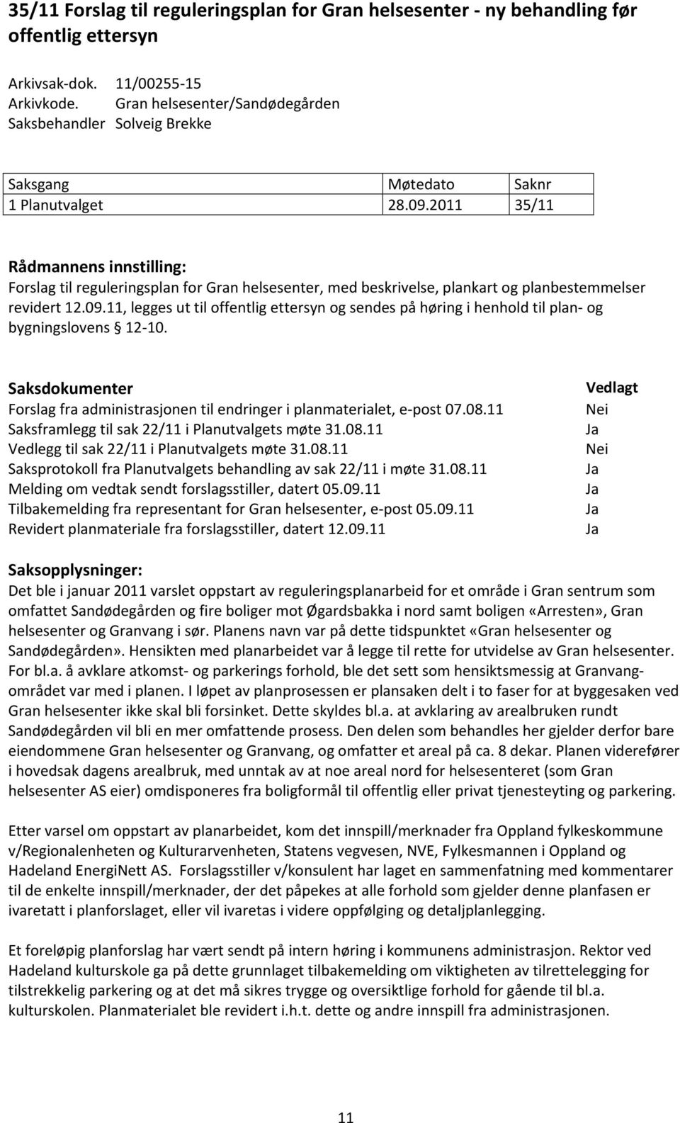 2011 35/11 Rådmannens innstilling: Forslag til reguleringsplan for Gran helsesenter, med beskrivelse, plankart og planbestemmelser revidert 12.09.