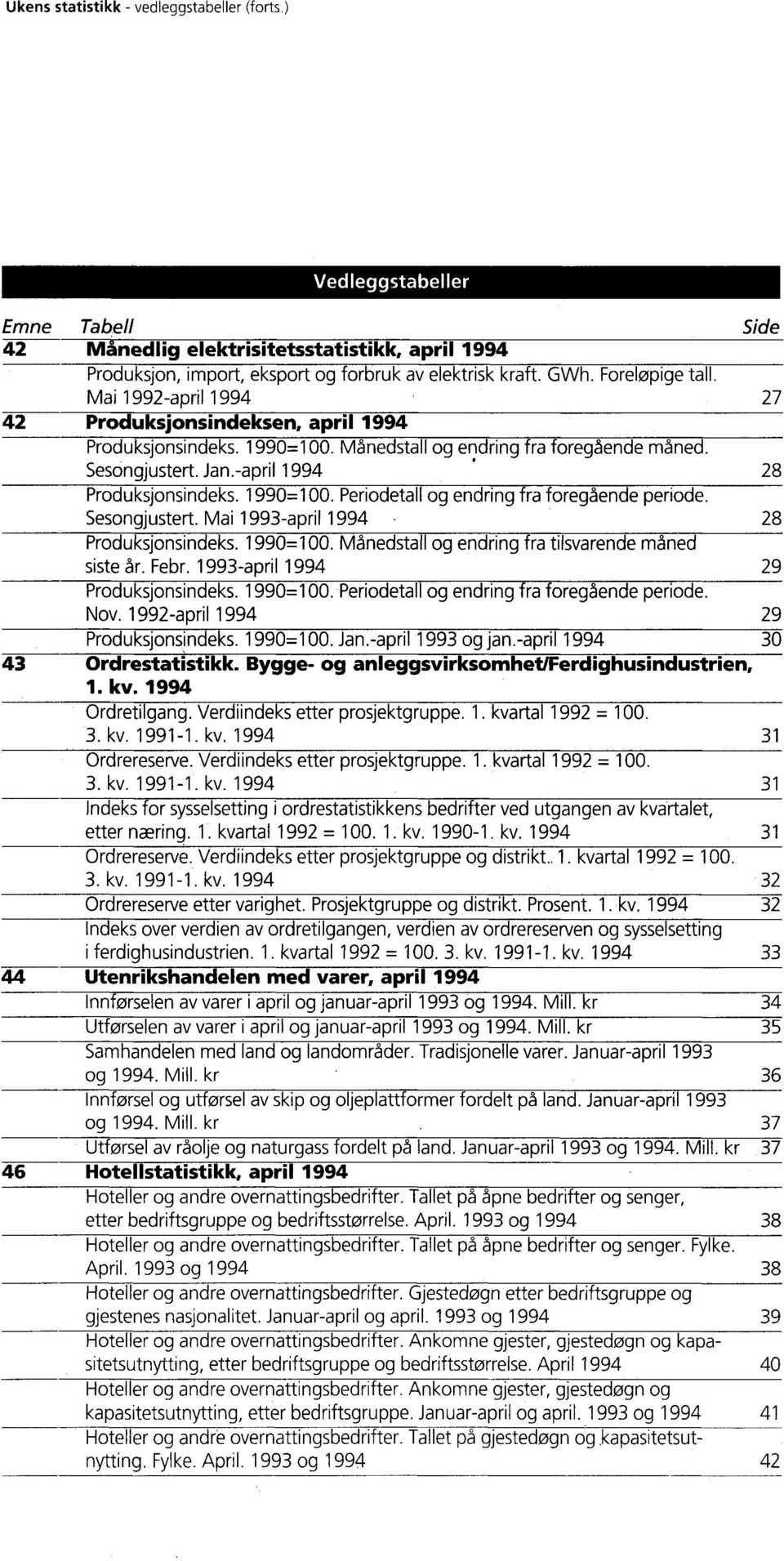 Periodetall og endring fra foregående periode Sesongjustert Mai 1993april 1994 28 Produksjonsindeks 1990=100 Månedstall og endring fra tilsvarende måned siste år Febr 1993april 1994 29