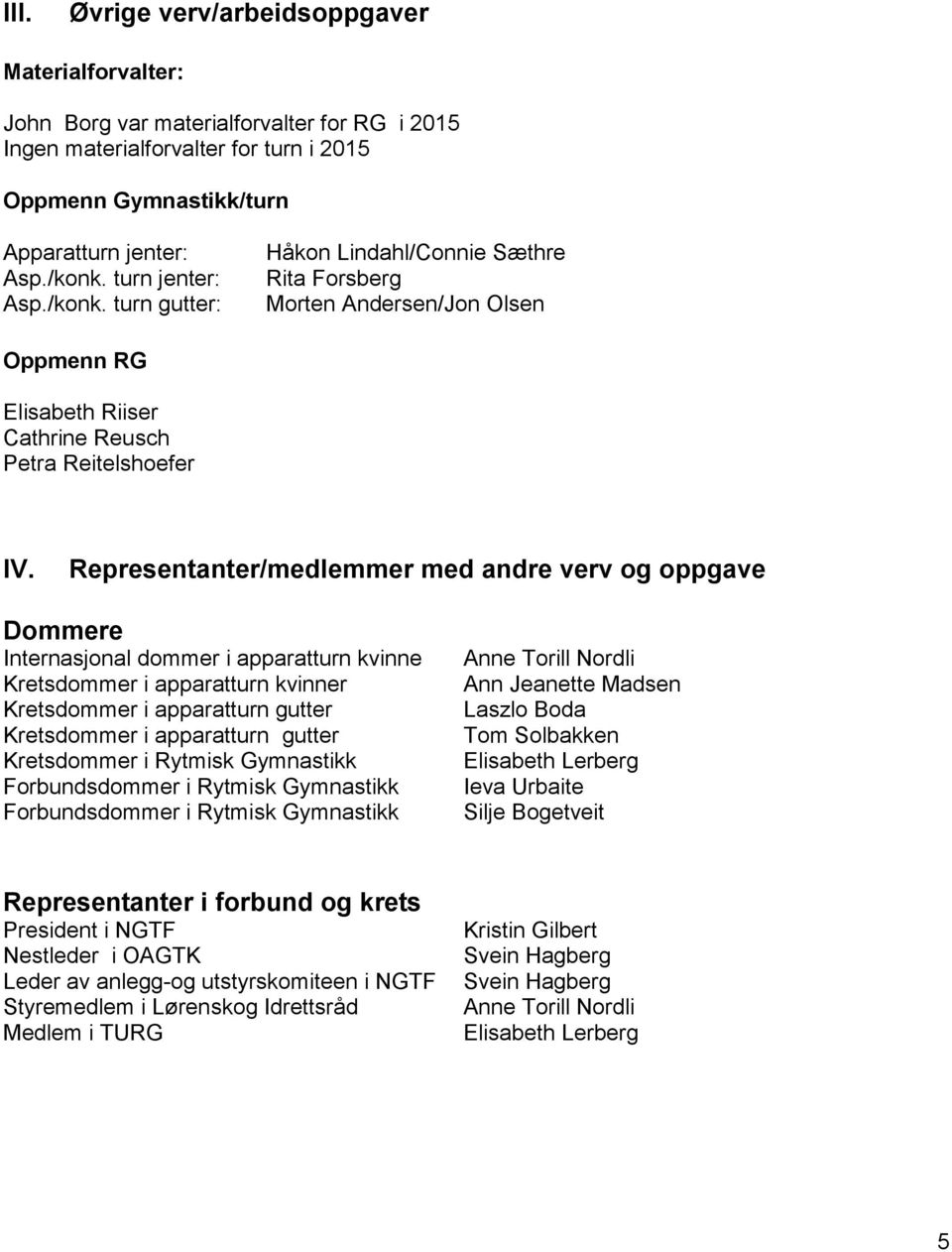 Representanter/medlemmer med andre verv og oppgave Dommere Internasjonal dommer i apparatturn kvinne Kretsdommer i apparatturn kvinner Kretsdommer i apparatturn gutter Kretsdommer i apparatturn