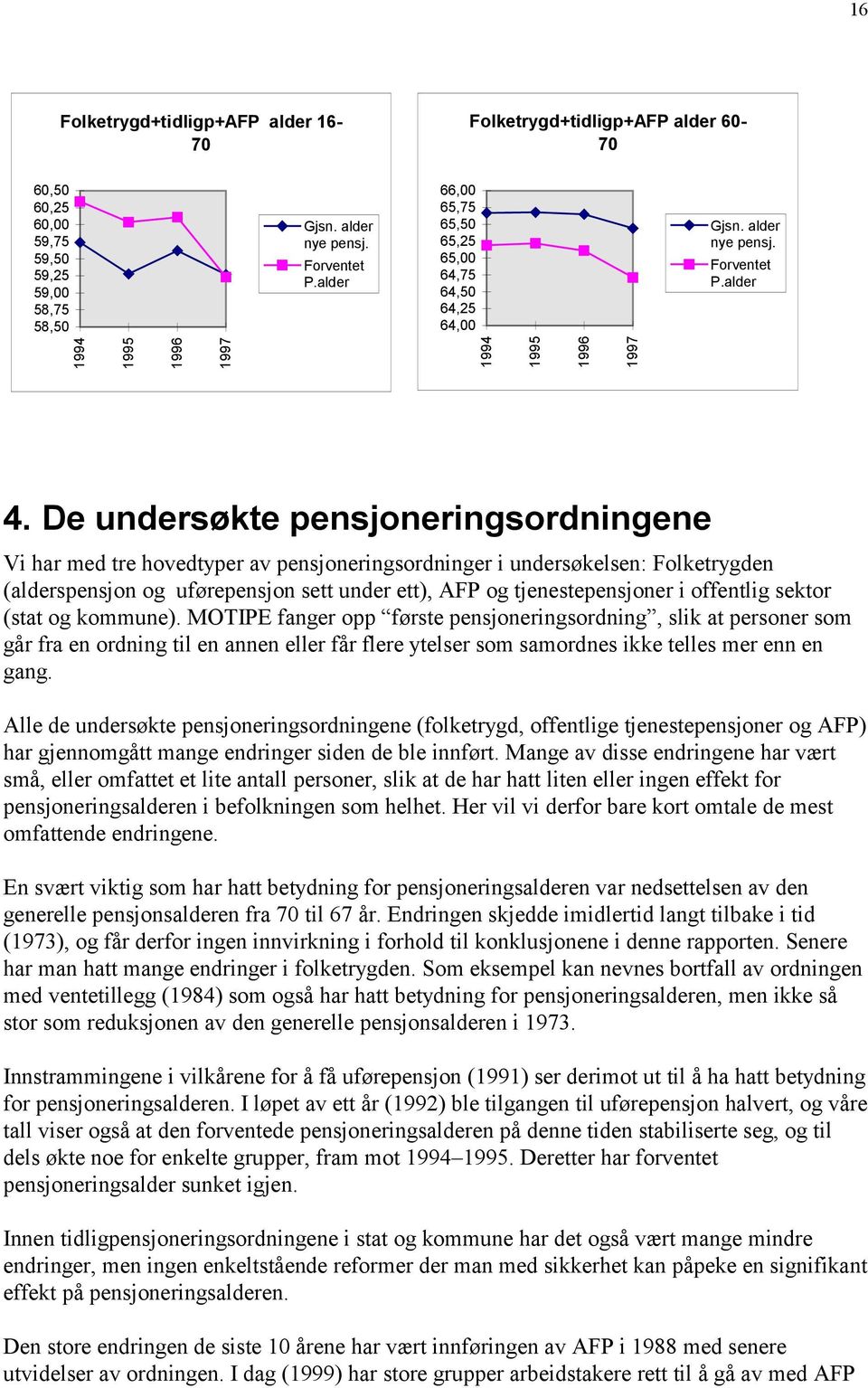 De undersøkte pensjoneringsordningene Vi har med tre hovedtyper av pensjoneringsordninger i undersøkelsen: Folketrygden (alderspensjon og uførepensjon sett under ett), AFP og tjenestepensjoner i