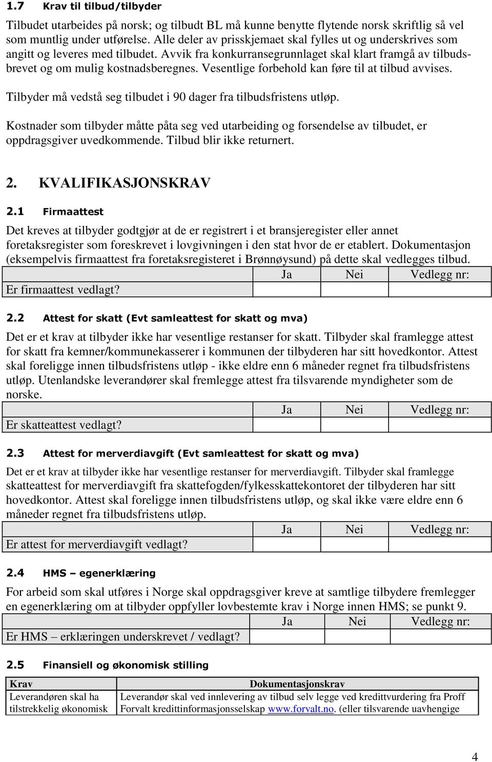 Vesentlige forbehold kan føre til at tilbud avvises. Tilbyder må vedstå seg tilbudet i 90 dager fra tilbudsfristens utløp.