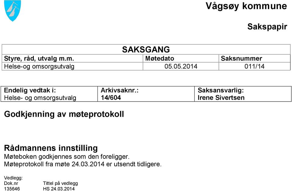 : 14/604 Saksansvarlig: Irene Sivertsen Godkjenning av møteprotokoll Rådmannens innstilling Møteboken