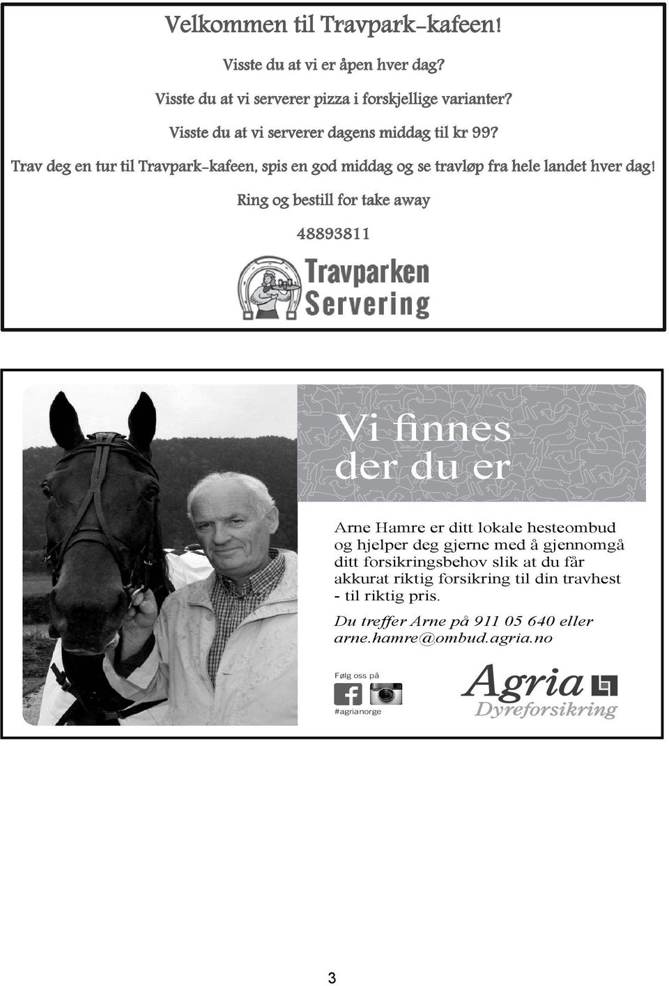 Ring og bestill for take away 48893811 Vi finnes der du er Arne Hamre er ditt lokale hesteombud og hjelper deg gjerne med å gjennomgå ditt