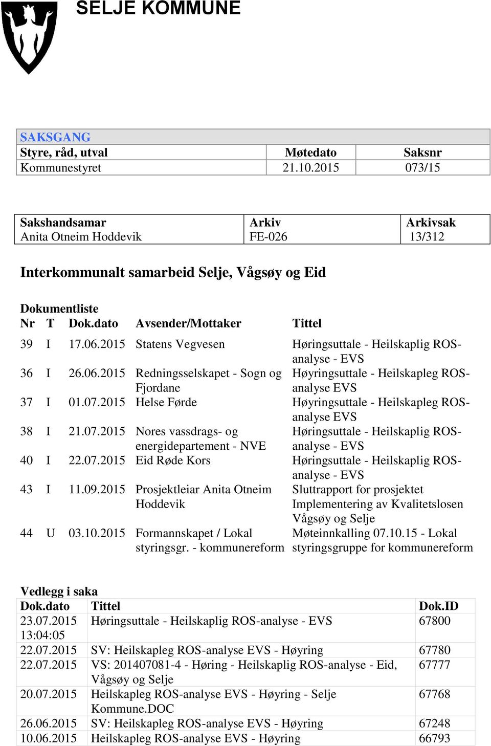 2015 Statens Vegvesen Høringsuttale - Heilskaplig ROSanalyse - EVS 36 I 26.06.2015 Redningsselskapet - Sogn og Fjordane Høyringsuttale - Heilskapleg ROSanalyse EVS 37 I 01.07.