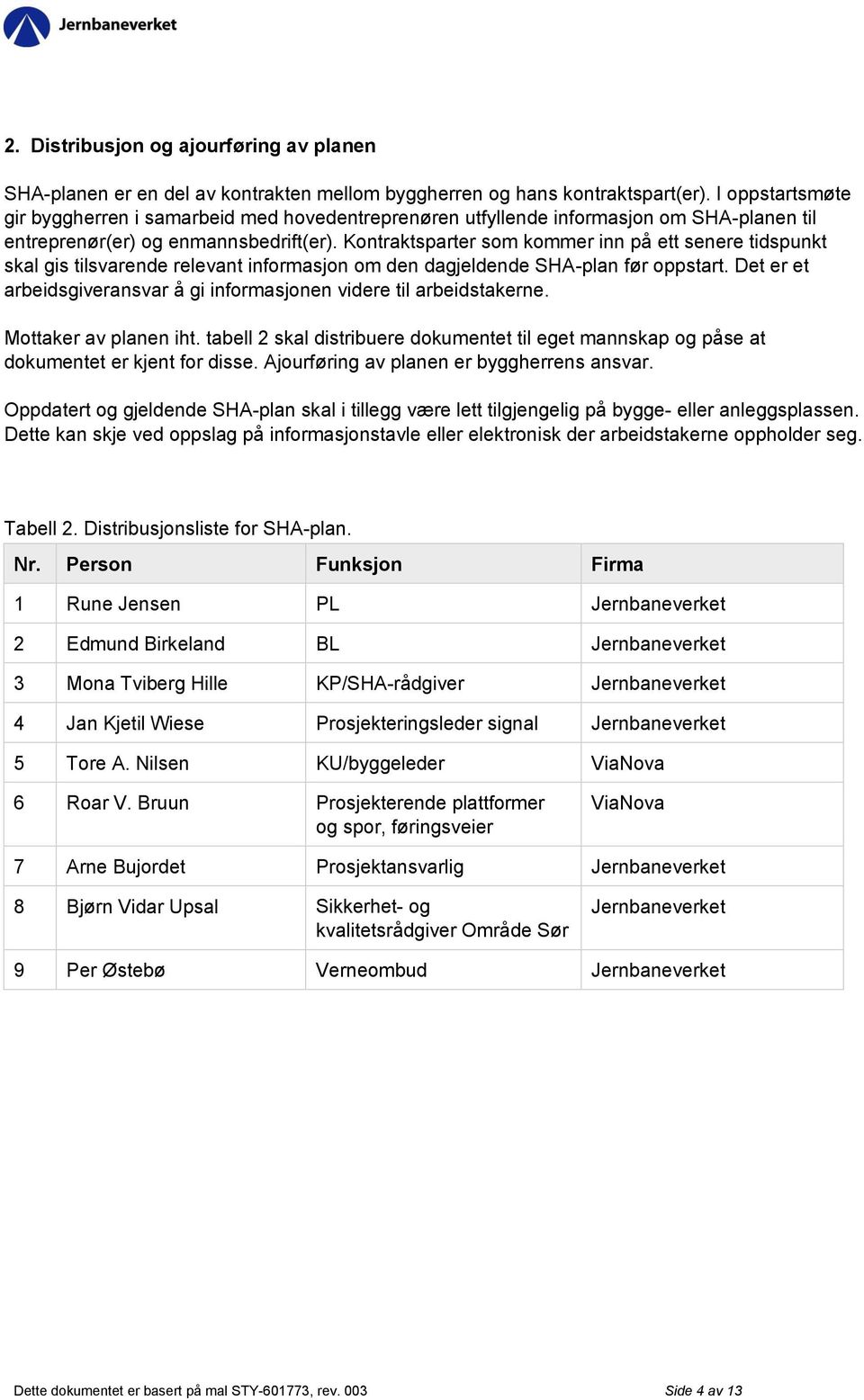 Kontraktsparter som kommer inn på ett senere tidspunkt skal gis tilsvarende relevant informasjon om den dagjeldende SHA-plan før oppstart.