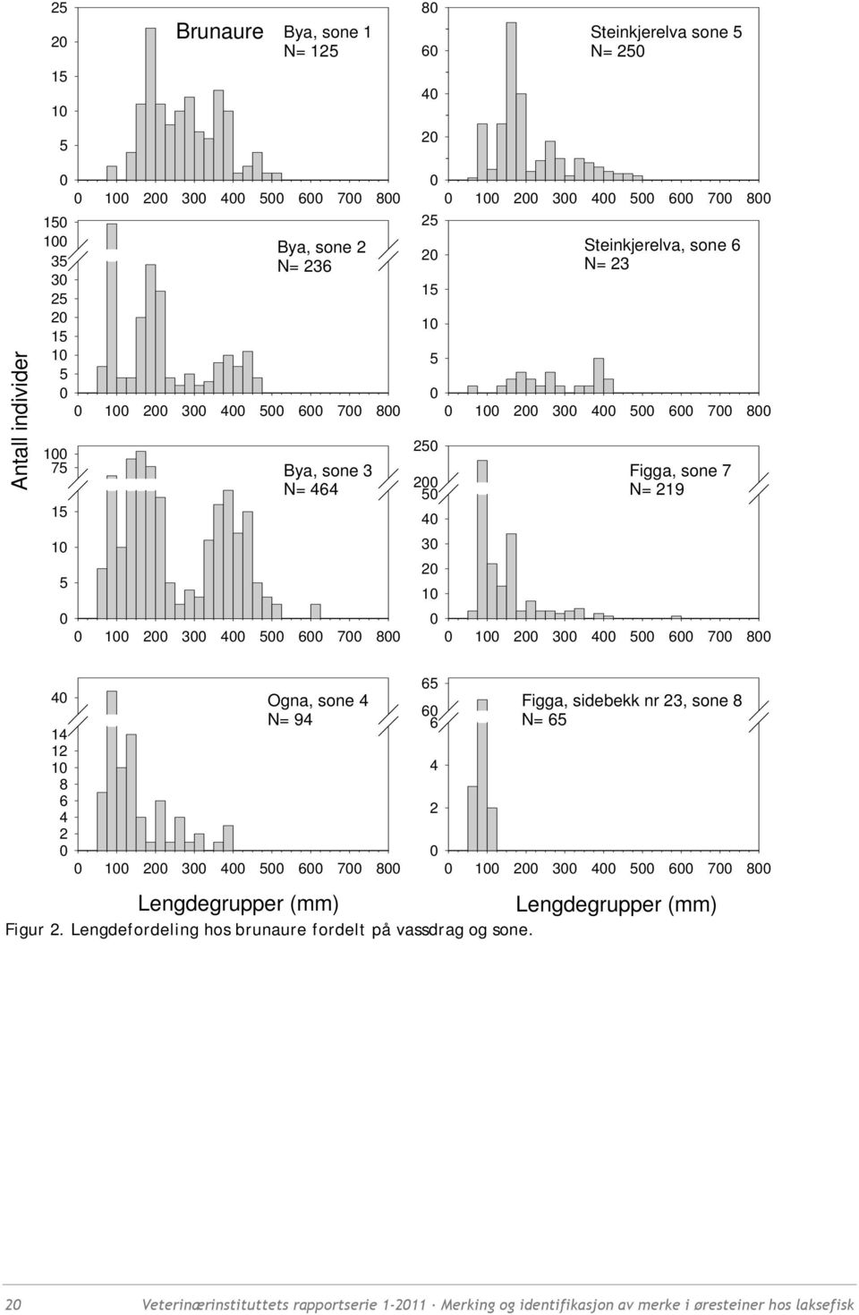 6 7 8 4 14 12 1 8 6 4 2 Ogna, sone 4 N= 94 1 2 3 4 5 6 7 8 Lengdegrupper (mm) Figur 2. Lengdefordeling hos brunaure fordelt på vassdrag og sone.