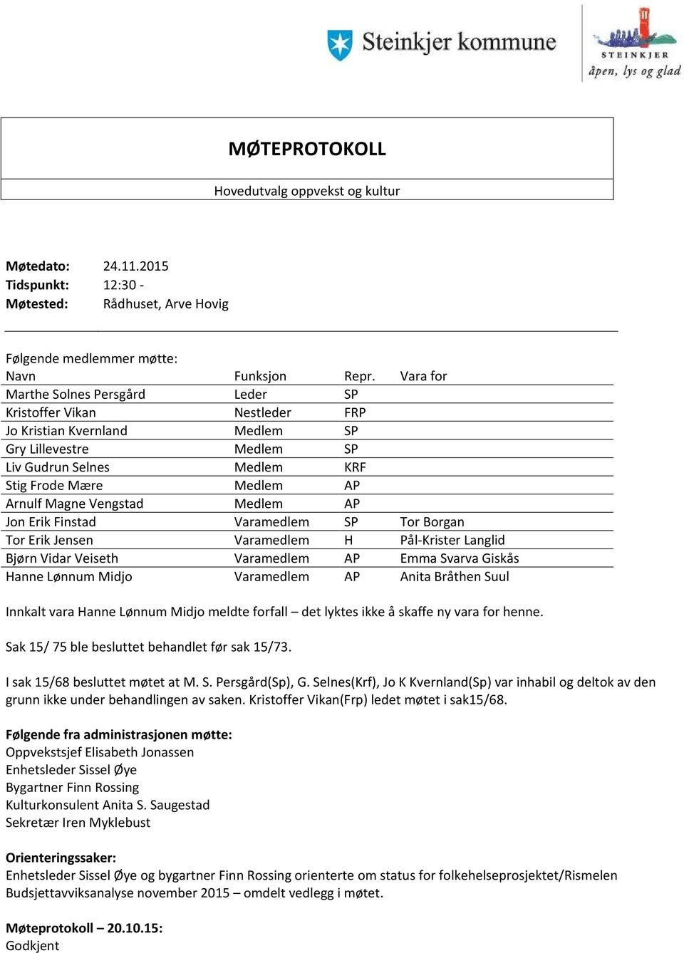 Vengstad Medlem AP Jon Erik Finstad Varamedlem SP Tor Borgan Tor Erik Jensen Varamedlem H Pål-Krister Langlid Bjørn Vidar Veiseth Varamedlem AP Emma Svarva Giskås Hanne Lønnum Midjo Varamedlem AP