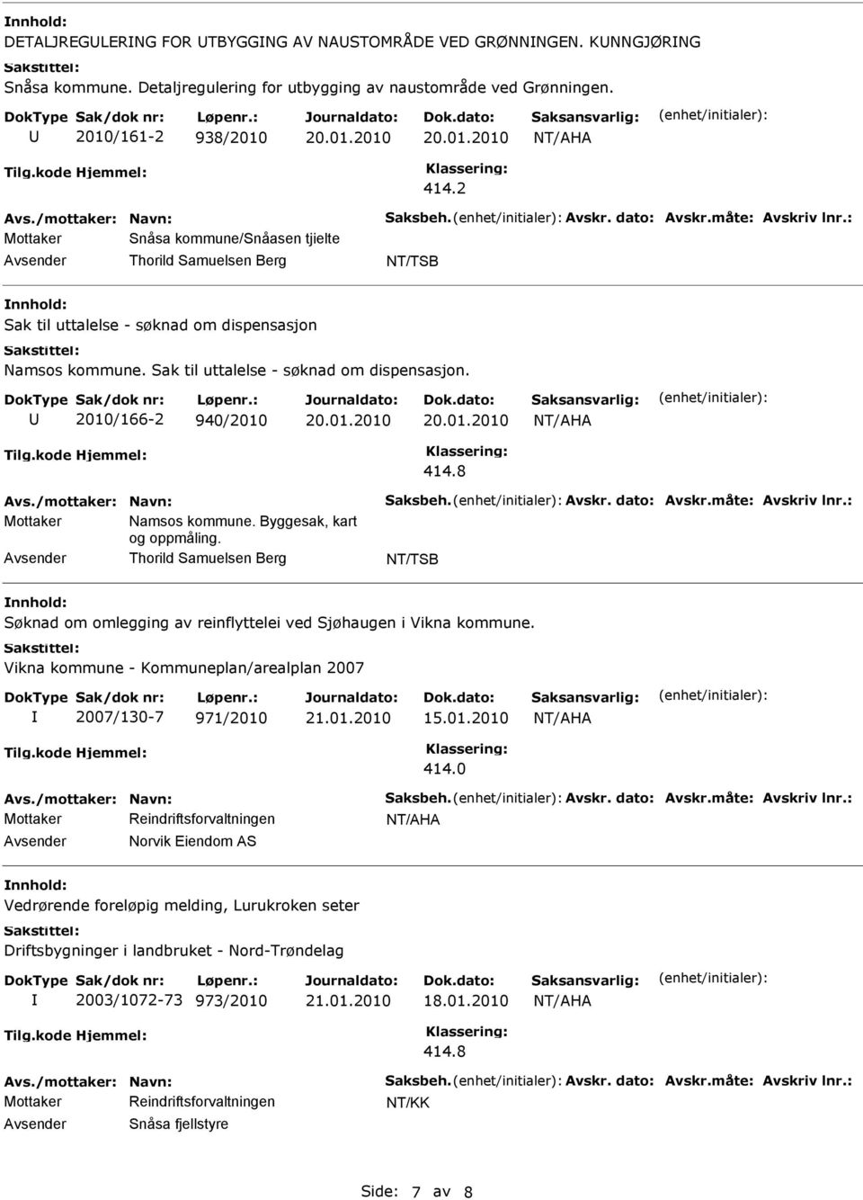 Sak til uttalelse - søknad om dispensasjon. 2010/166-2 940/2010 Avs./mottaker: Navn: Saksbeh. Avskr. dato: Avskr.måte: Avskriv lnr.: Mottaker Namsos kommune. Byggesak, kart og oppmåling.