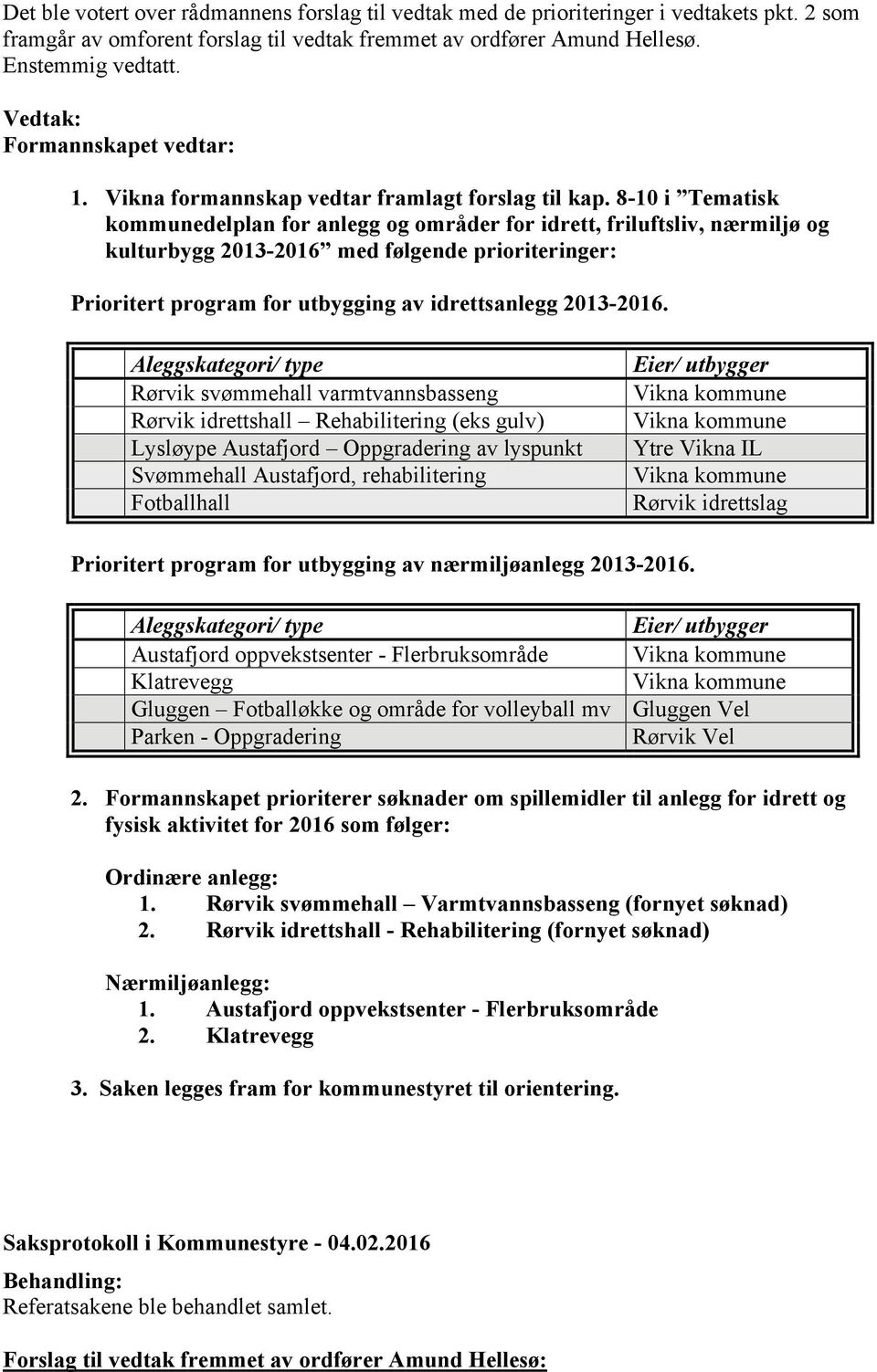 8-10 i Tematisk kommunedelplan for anlegg og områder for idrett, friluftsliv, nærmiljø og kulturbygg 2013-2016 med følgende prioriteringer: Prioritert program for utbygging av idrettsanlegg 2013-2016.