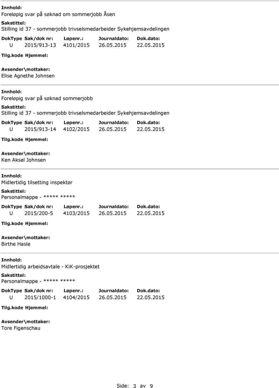 trivselsmedarbeider Sykehjemsavdelingen 2015/913-14 4102/2015 Ken Aksel Johnsen Midlertidig tilsetting inspektør