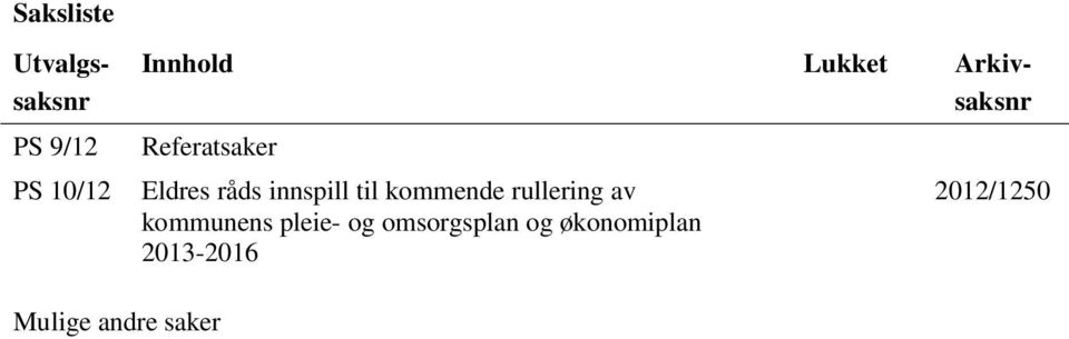 til kommende rullering av kommunens pleie- og