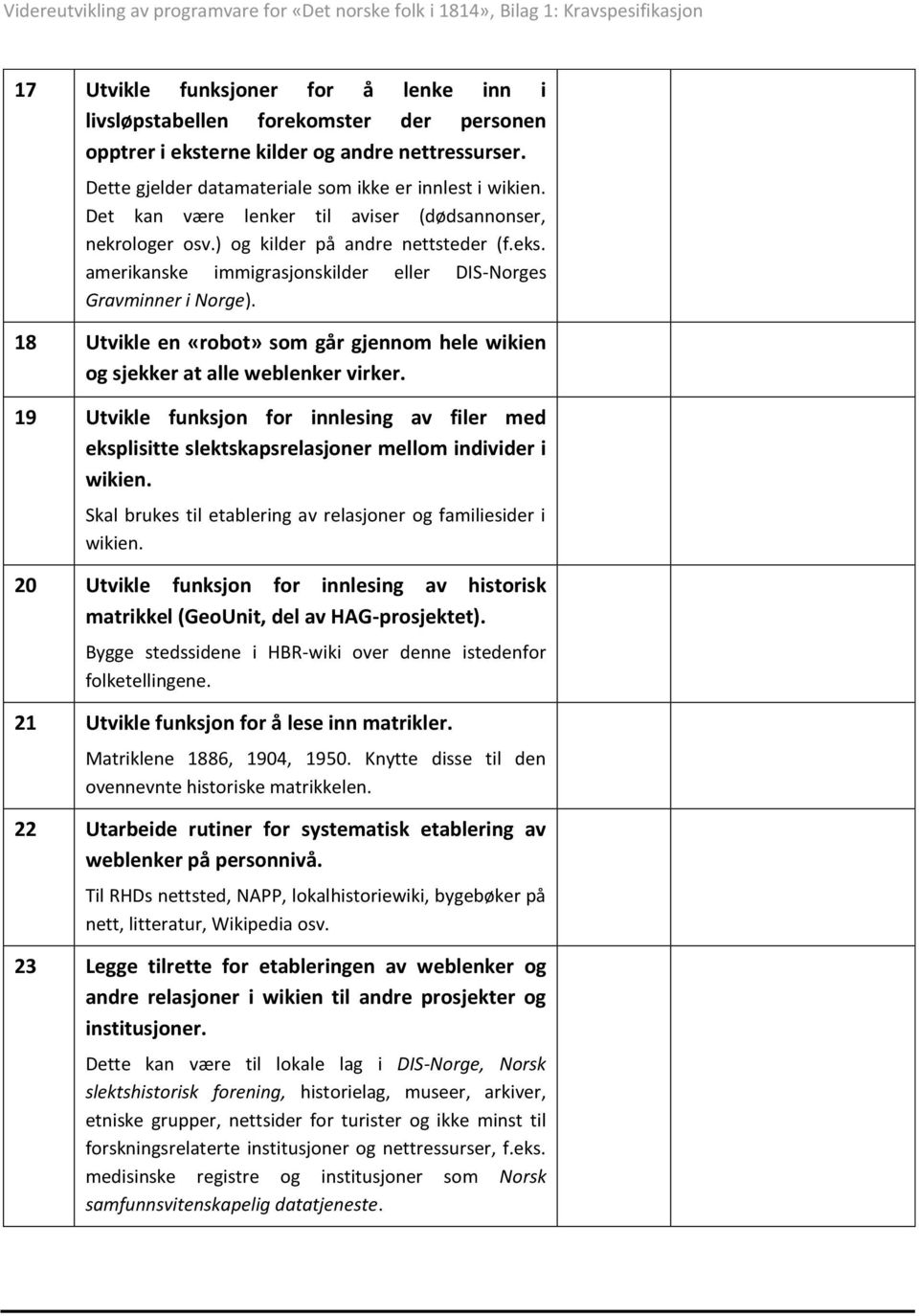 18 Utvikle en «robot» som går gjennom hele wikien og sjekker at alle weblenker virker. 19 Utvikle funksjon for innlesing av filer med eksplisitte slektskapsrelasjoner mellom individer i wikien.