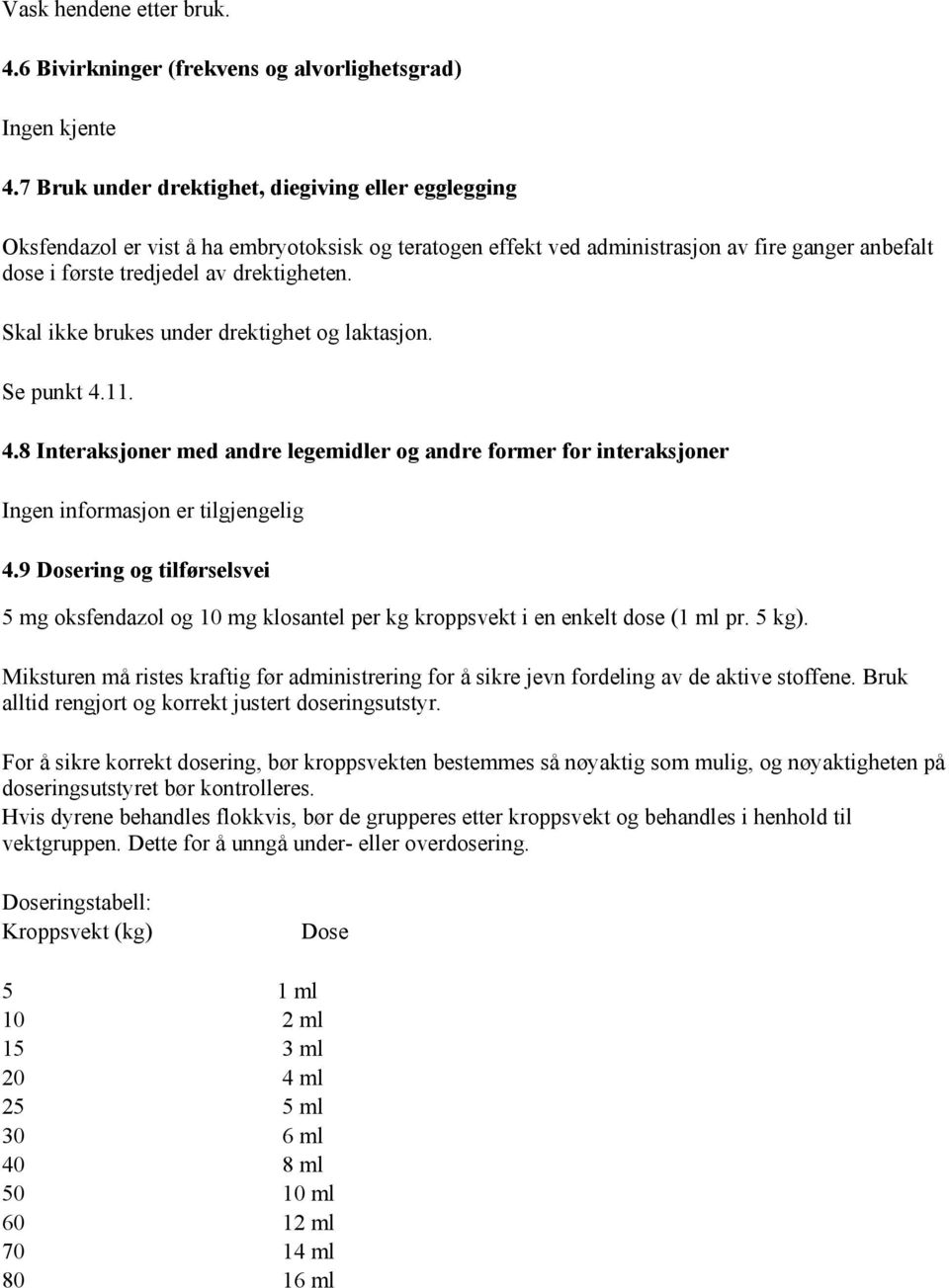 Skal ikke brukes under drektighet og laktasjon. Se punkt 4.11. 4.8 Interaksjoner med andre legemidler og andre former for interaksjoner Ingen informasjon er tilgjengelig 4.