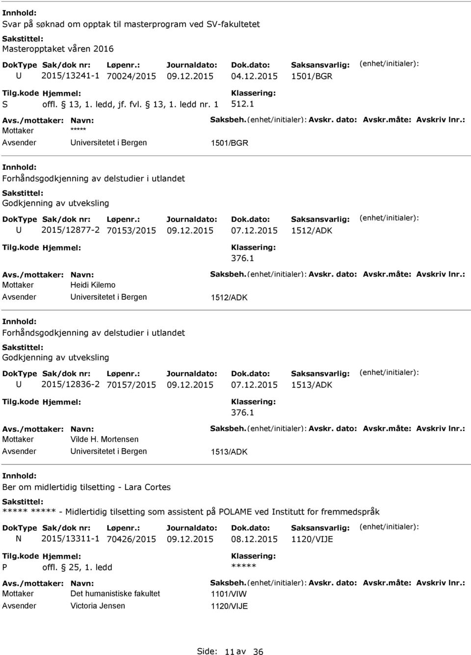 1 Mottaker Heidi Kilemo niversitetet i Bergen 1512/ADK Forhåndsgodkjenning av delstudier i utlandet Godkjenning av utveksling 2015/12836-2 70157/2015 07.12.2015 1513/ADK 376.