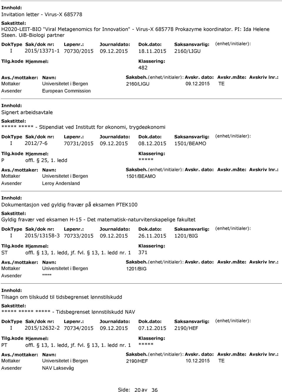 2015 2160/LG 482 2160/LG TE European Commission ignert arbeidsavtale - tipendiat ved nstitutt for økonomi, trygdeøkonomi 2012/7-6 70731/2015 1501/BEAMO 1501/BEAMO Leroy Andersland